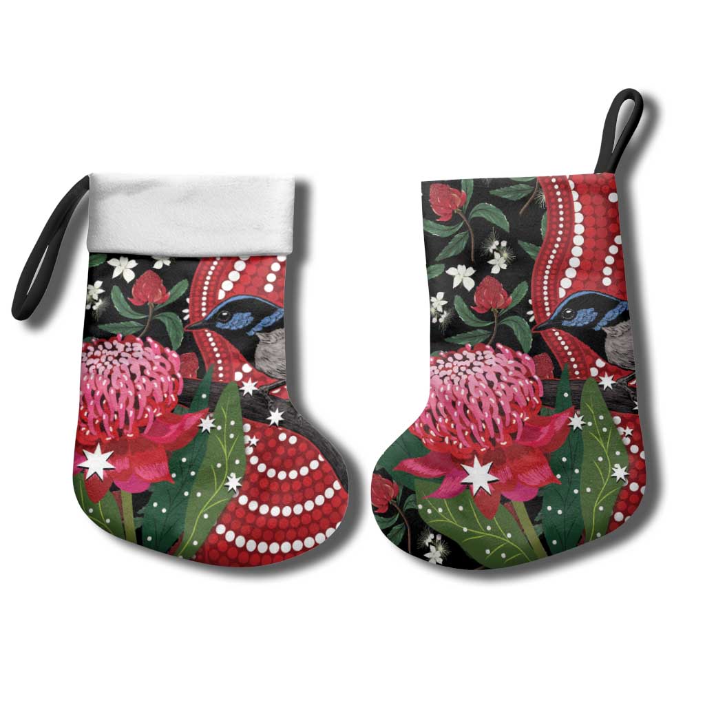 Personalised Australia Waratah And Superb Fairywren Christmas Stocking Aboriginal Art - Aussie Hoodie