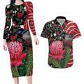 Personalised Australia Waratah And Superb Fairywren Couples Matching Long Sleeve Bodycon Dress and Hawaiian Shirt Aboriginal Art