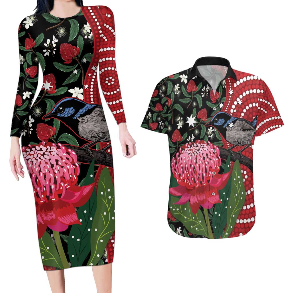 Personalised Australia Waratah And Superb Fairywren Couples Matching Long Sleeve Bodycon Dress and Hawaiian Shirt Aboriginal Art