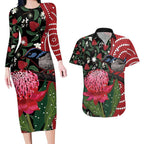 Personalised Australia Waratah And Superb Fairywren Couples Matching Long Sleeve Bodycon Dress and Hawaiian Shirt Aboriginal Art