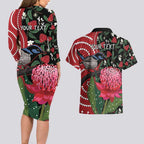 Personalised Australia Waratah And Superb Fairywren Couples Matching Long Sleeve Bodycon Dress and Hawaiian Shirt Aboriginal Art