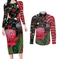 Personalised Australia Waratah And Superb Fairywren Couples Matching Long Sleeve Bodycon Dress and Long Sleeve Button Shirt Aboriginal Art