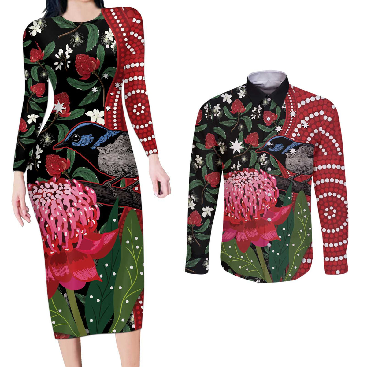 Personalised Australia Waratah And Superb Fairywren Couples Matching Long Sleeve Bodycon Dress and Long Sleeve Button Shirt Aboriginal Art