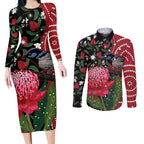 Personalised Australia Waratah And Superb Fairywren Couples Matching Long Sleeve Bodycon Dress and Long Sleeve Button Shirt Aboriginal Art