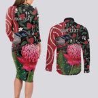 Personalised Australia Waratah And Superb Fairywren Couples Matching Long Sleeve Bodycon Dress and Long Sleeve Button Shirt Aboriginal Art