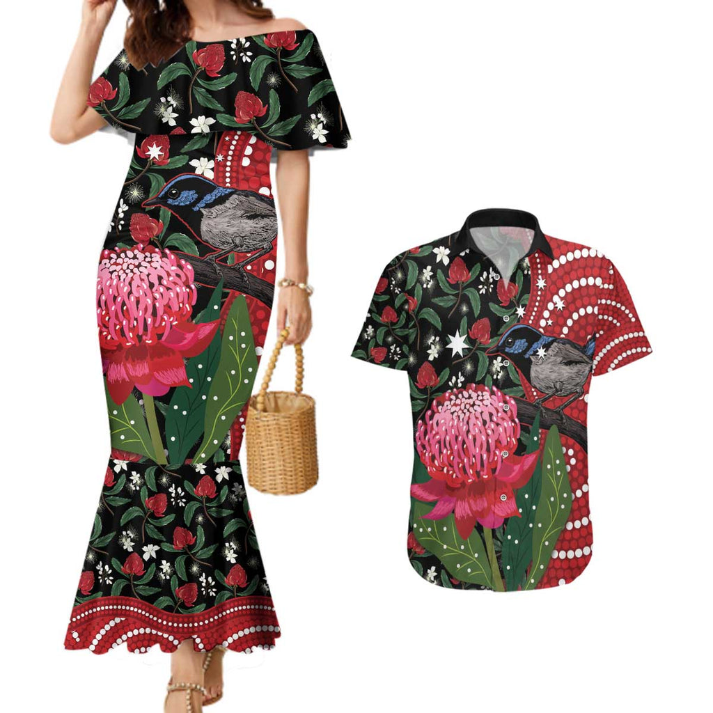 Personalised Australia Waratah And Superb Fairywren Couples Matching Mermaid Dress and Hawaiian Shirt Aboriginal Art