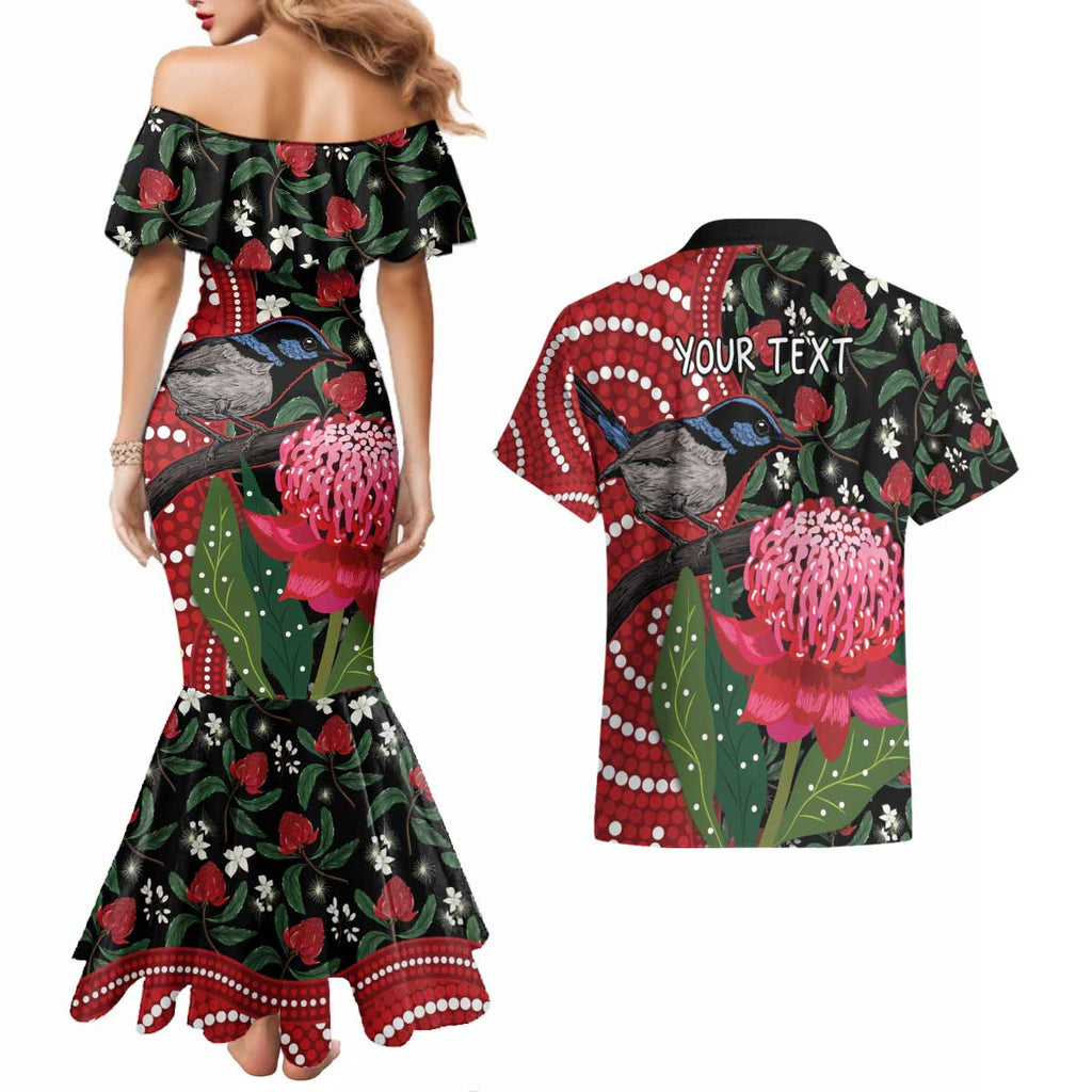 Personalised Australia Waratah And Superb Fairywren Couples Matching Mermaid Dress and Hawaiian Shirt Aboriginal Art