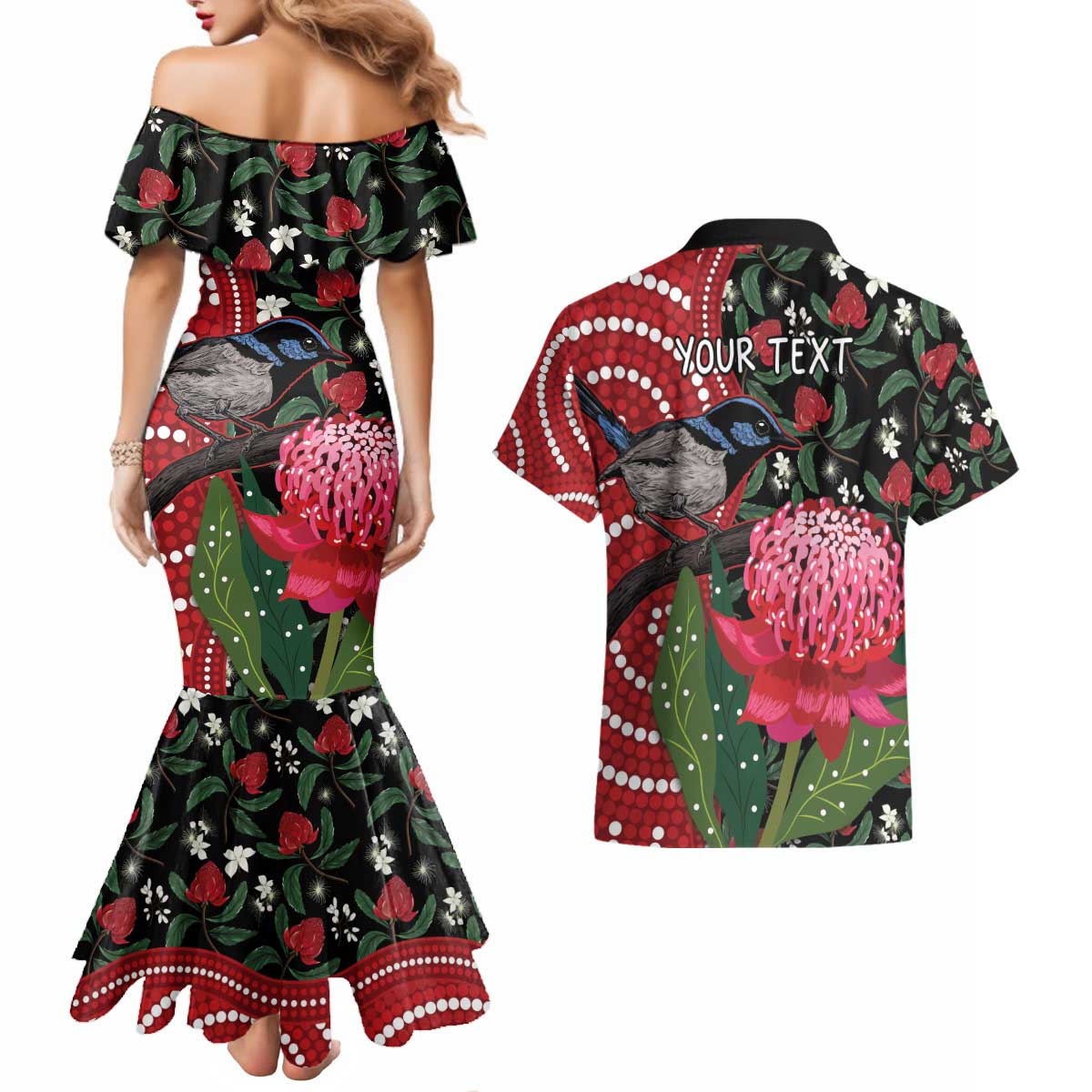 Personalised Australia Waratah And Superb Fairywren Couples Matching Mermaid Dress and Hawaiian Shirt Aboriginal Art