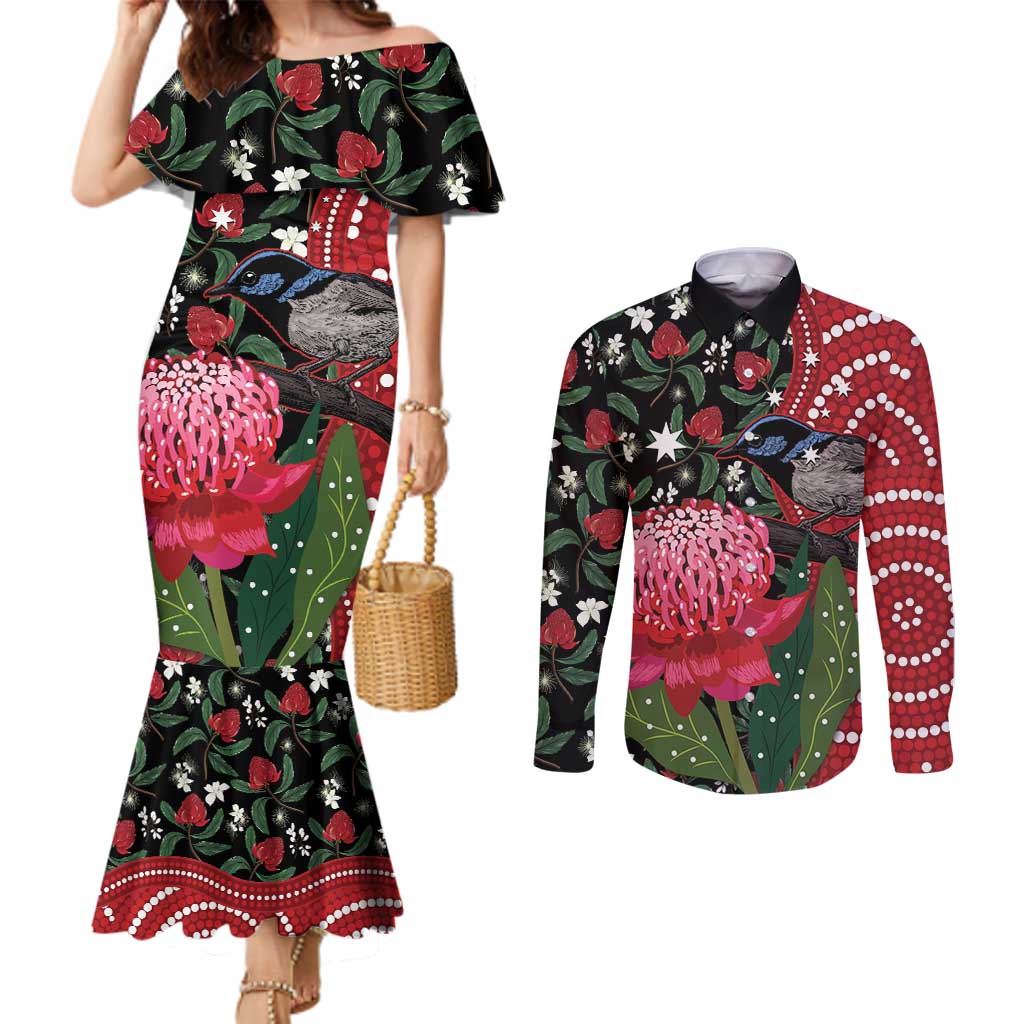 Personalised Australia Waratah And Superb Fairywren Couples Matching Mermaid Dress and Long Sleeve Button Shirt Aboriginal Art