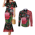 Personalised Australia Waratah And Superb Fairywren Couples Matching Mermaid Dress and Long Sleeve Button Shirt Aboriginal Art