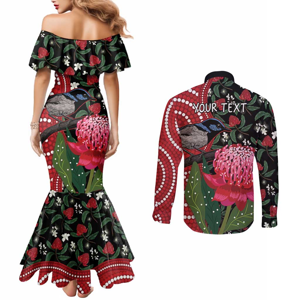 Personalised Australia Waratah And Superb Fairywren Couples Matching Mermaid Dress and Long Sleeve Button Shirt Aboriginal Art