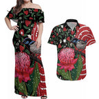 Personalised Australia Waratah And Superb Fairywren Couples Matching Off Shoulder Maxi Dress and Hawaiian Shirt Aboriginal Art