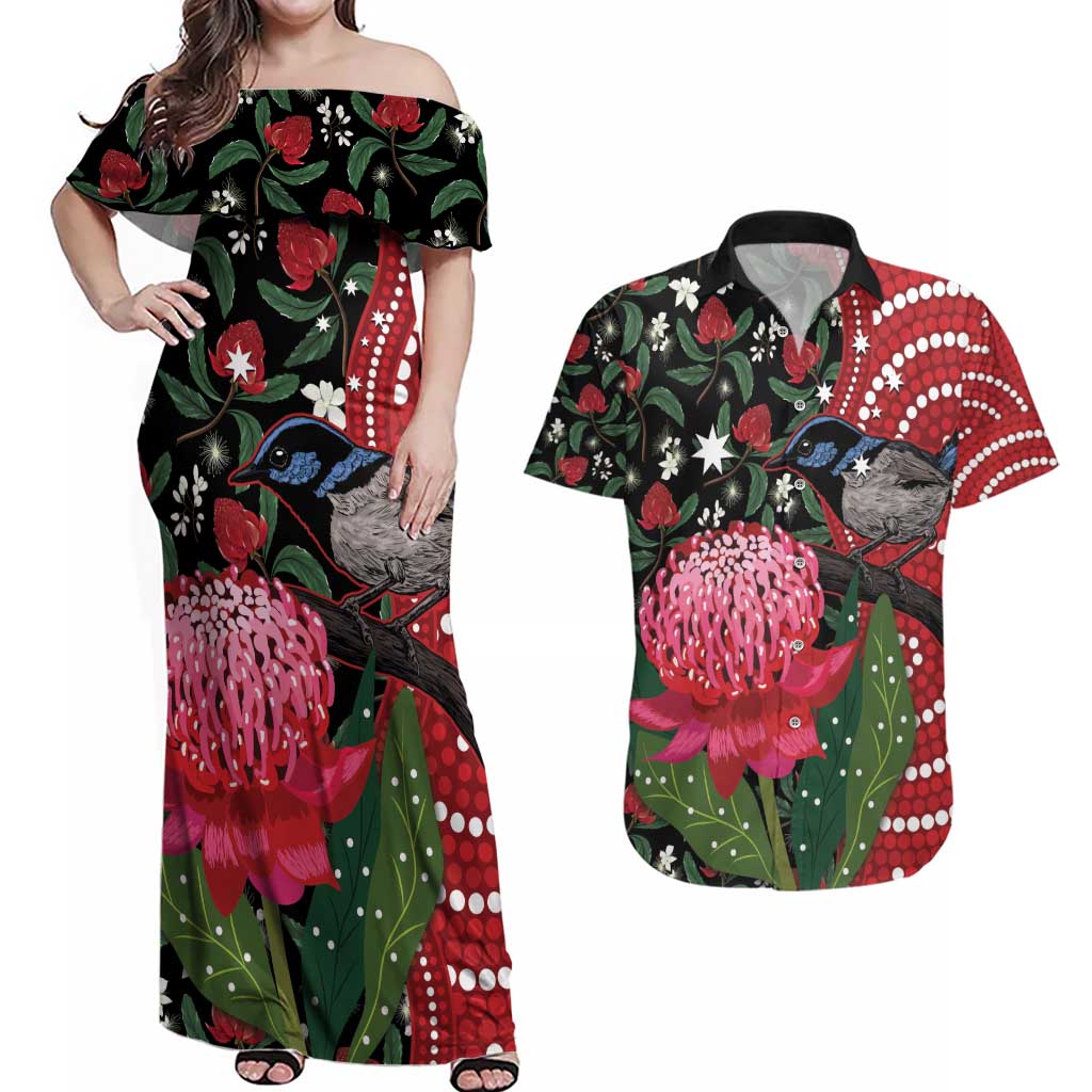 Personalised Australia Waratah And Superb Fairywren Couples Matching Off Shoulder Maxi Dress and Hawaiian Shirt Aboriginal Art