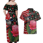 Personalised Australia Waratah And Superb Fairywren Couples Matching Off Shoulder Maxi Dress and Hawaiian Shirt Aboriginal Art