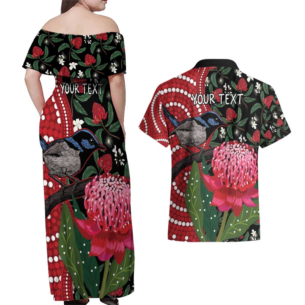 Personalised Australia Waratah And Superb Fairywren Couples Matching Off Shoulder Maxi Dress and Hawaiian Shirt Aboriginal Art