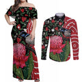 Personalised Australia Waratah And Superb Fairywren Couples Matching Off Shoulder Maxi Dress and Long Sleeve Button Shirt Aboriginal Art