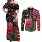Personalised Australia Waratah And Superb Fairywren Couples Matching Off Shoulder Maxi Dress and Long Sleeve Button Shirt Aboriginal Art