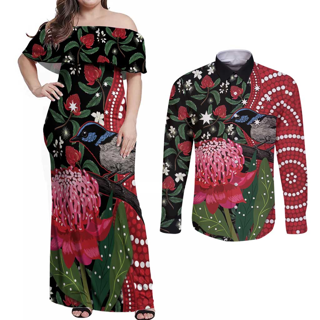 Personalised Australia Waratah And Superb Fairywren Couples Matching Off Shoulder Maxi Dress and Long Sleeve Button Shirt Aboriginal Art