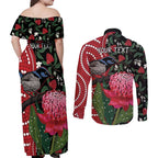 Personalised Australia Waratah And Superb Fairywren Couples Matching Off Shoulder Maxi Dress and Long Sleeve Button Shirt Aboriginal Art