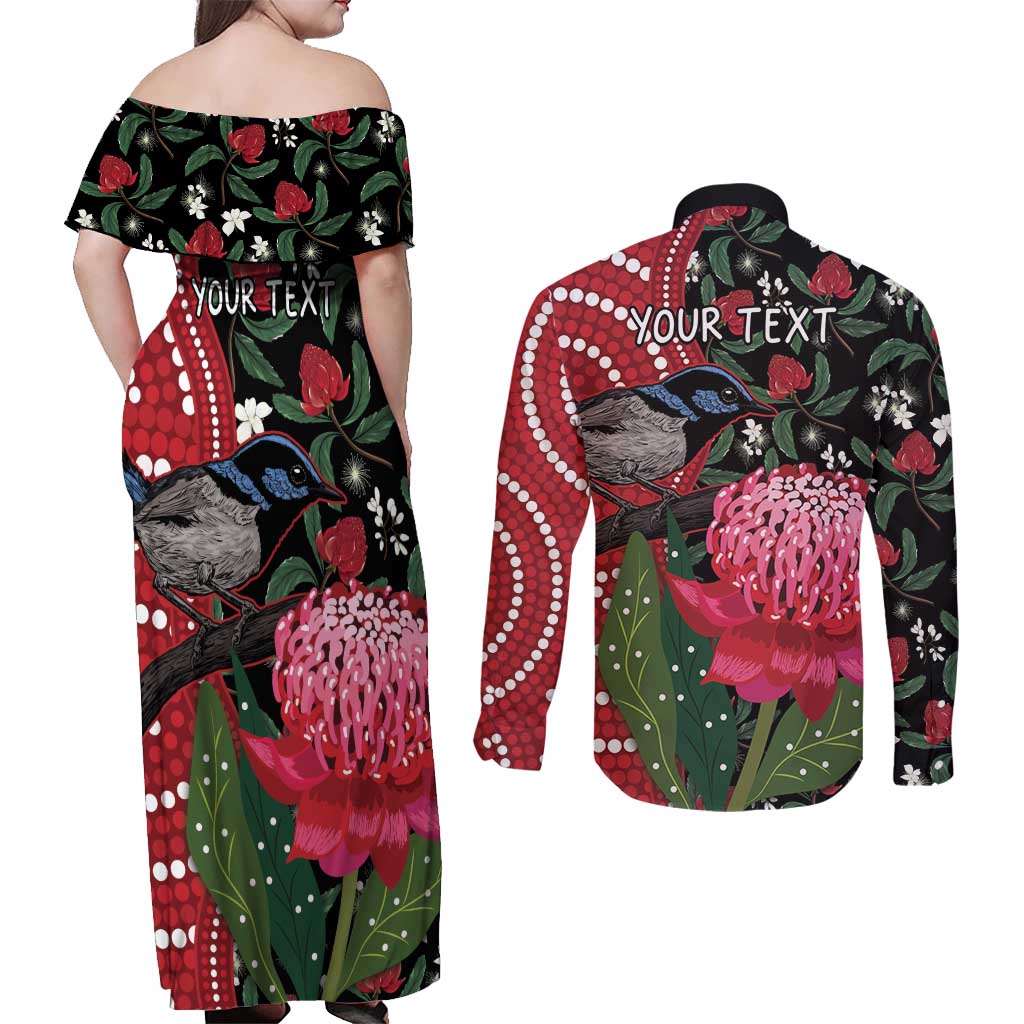 Personalised Australia Waratah And Superb Fairywren Couples Matching Off Shoulder Maxi Dress and Long Sleeve Button Shirt Aboriginal Art