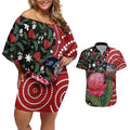 Personalised Australia Waratah And Superb Fairywren Couples Matching Off Shoulder Short Dress and Hawaiian Shirt Aboriginal Art