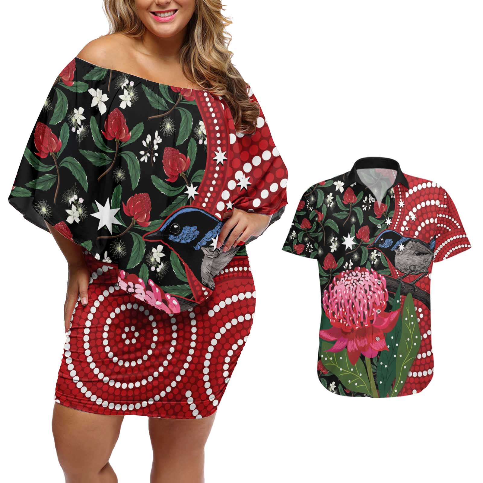 Personalised Australia Waratah And Superb Fairywren Couples Matching Off Shoulder Short Dress and Hawaiian Shirt Aboriginal Art