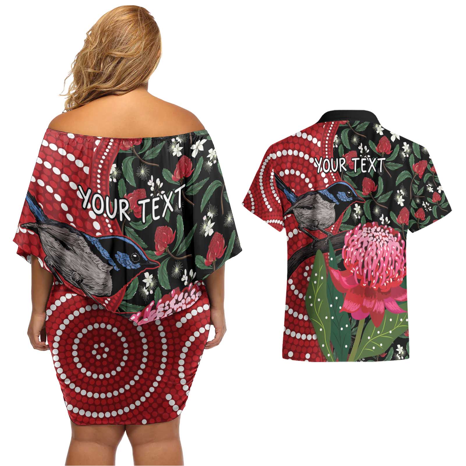Personalised Australia Waratah And Superb Fairywren Couples Matching Off Shoulder Short Dress and Hawaiian Shirt Aboriginal Art