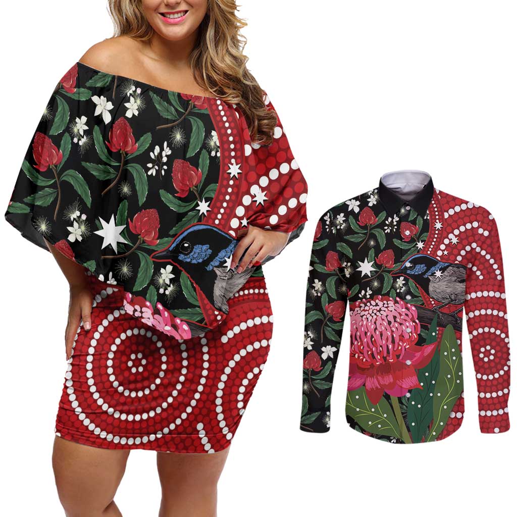 Personalised Australia Waratah And Superb Fairywren Couples Matching Off Shoulder Short Dress and Long Sleeve Button Shirt Aboriginal Art