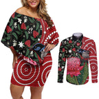 Personalised Australia Waratah And Superb Fairywren Couples Matching Off Shoulder Short Dress and Long Sleeve Button Shirt Aboriginal Art