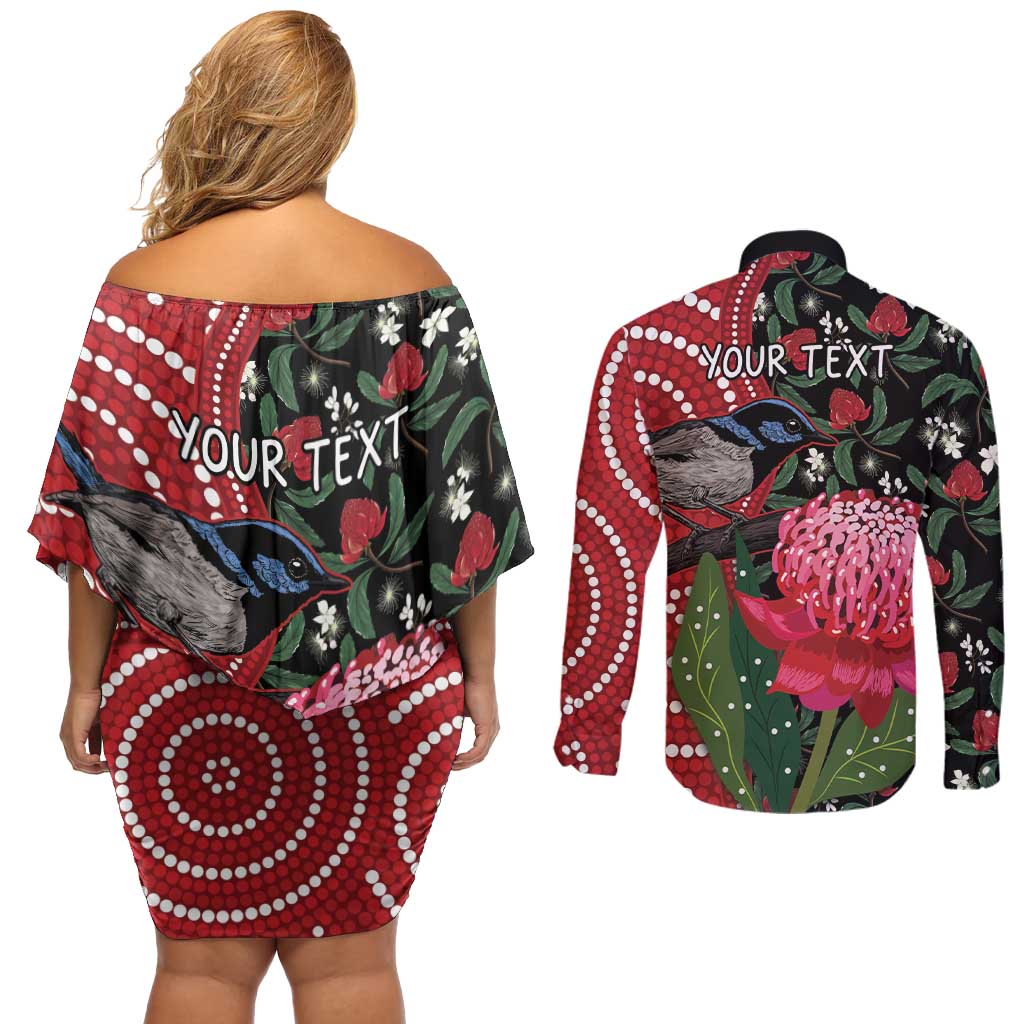Personalised Australia Waratah And Superb Fairywren Couples Matching Off Shoulder Short Dress and Long Sleeve Button Shirt Aboriginal Art