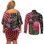 Personalised Australia Waratah And Superb Fairywren Couples Matching Off Shoulder Short Dress and Long Sleeve Button Shirt Aboriginal Art
