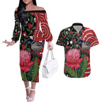 Personalised Australia Waratah And Superb Fairywren Couples Matching Off The Shoulder Long Sleeve Dress and Hawaiian Shirt Aboriginal Art