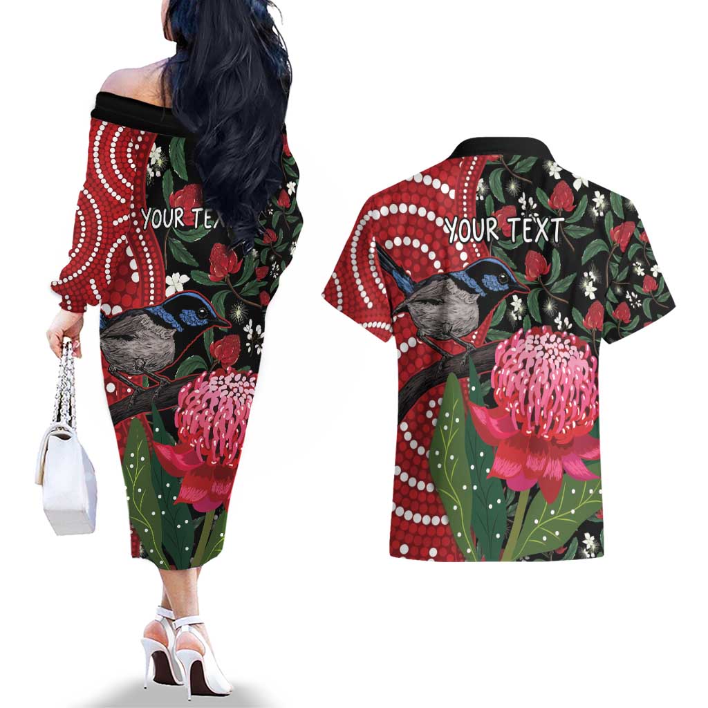Personalised Australia Waratah And Superb Fairywren Couples Matching Off The Shoulder Long Sleeve Dress and Hawaiian Shirt Aboriginal Art