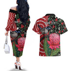 Personalised Australia Waratah And Superb Fairywren Couples Matching Off The Shoulder Long Sleeve Dress and Hawaiian Shirt Aboriginal Art