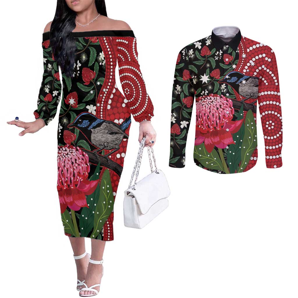 Personalised Australia Waratah And Superb Fairywren Couples Matching Off The Shoulder Long Sleeve Dress and Long Sleeve Button Shirt Aboriginal Art