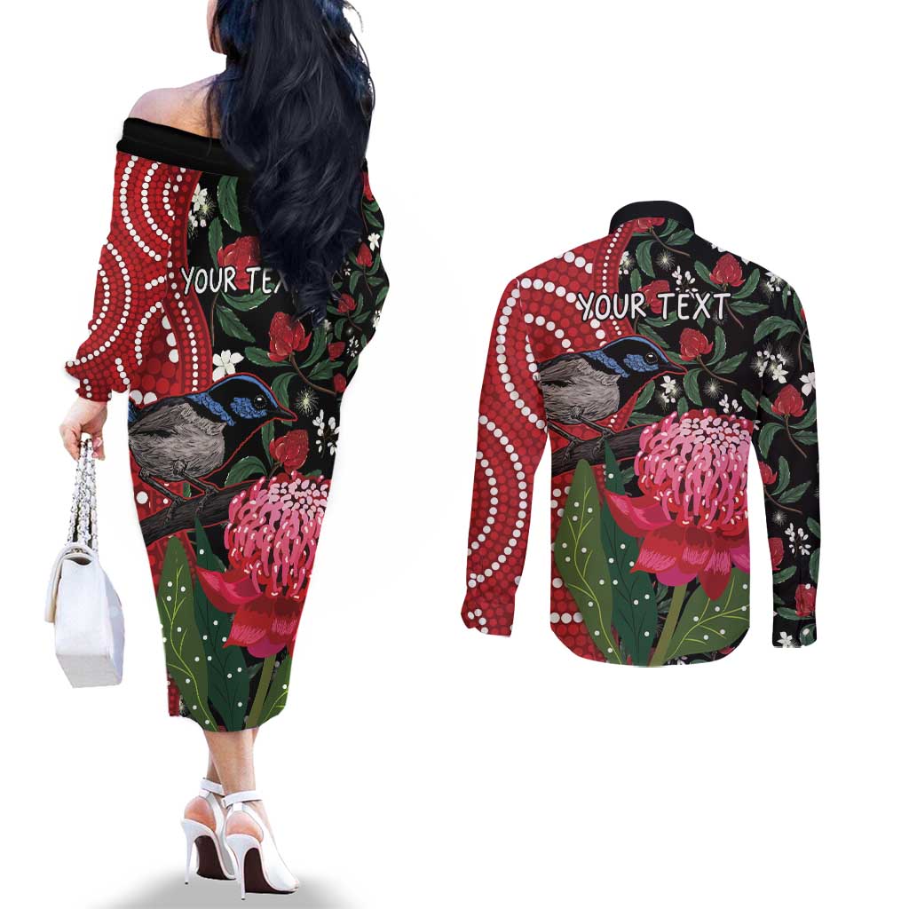 Personalised Australia Waratah And Superb Fairywren Couples Matching Off The Shoulder Long Sleeve Dress and Long Sleeve Button Shirt Aboriginal Art