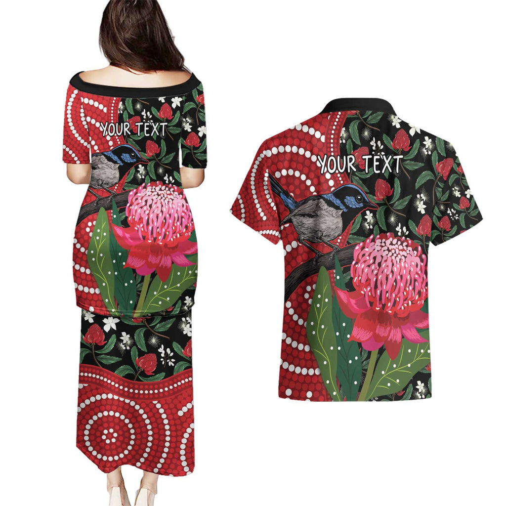 Personalised Australia Waratah And Superb Fairywren Couples Matching Puletasi and Hawaiian Shirt Aboriginal Art