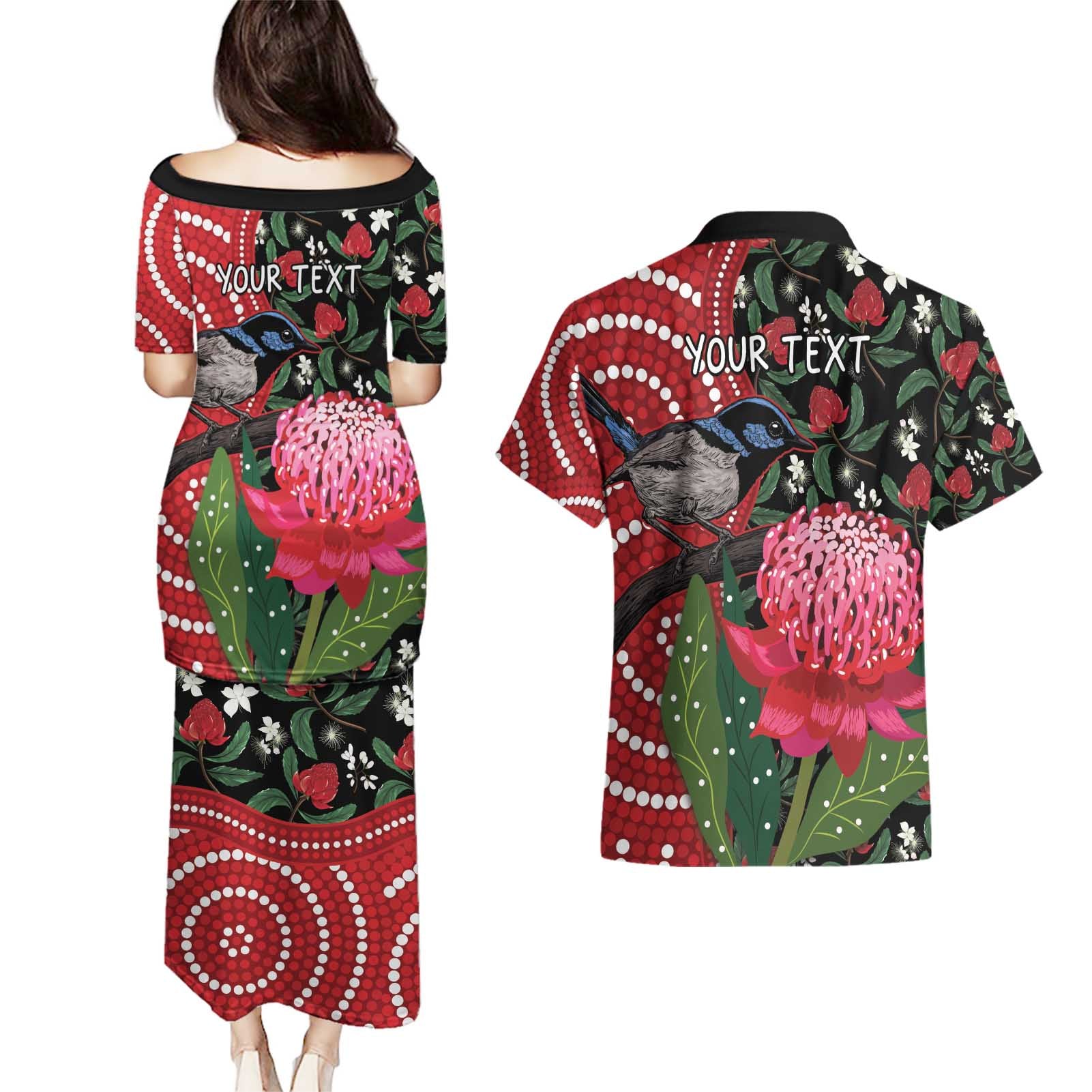 Personalised Australia Waratah And Superb Fairywren Couples Matching Puletasi and Hawaiian Shirt Aboriginal Art