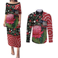 Personalised Australia Waratah And Superb Fairywren Couples Matching Puletasi and Long Sleeve Button Shirt Aboriginal Art