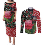 Personalised Australia Waratah And Superb Fairywren Couples Matching Puletasi and Long Sleeve Button Shirt Aboriginal Art