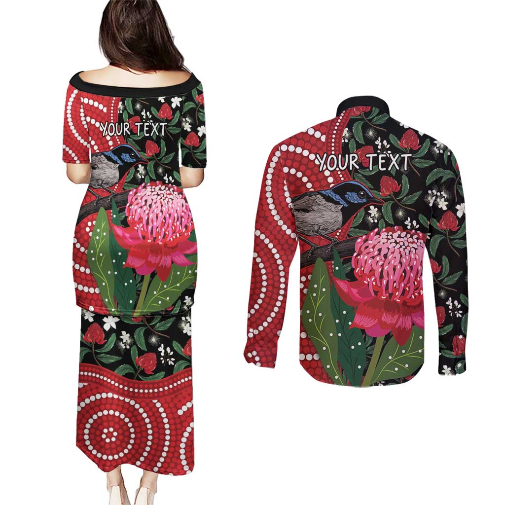 Personalised Australia Waratah And Superb Fairywren Couples Matching Puletasi and Long Sleeve Button Shirt Aboriginal Art