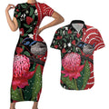 Personalised Australia Waratah And Superb Fairywren Couples Matching Short Sleeve Bodycon Dress and Hawaiian Shirt Aboriginal Art