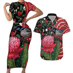 Personalised Australia Waratah And Superb Fairywren Couples Matching Short Sleeve Bodycon Dress and Hawaiian Shirt Aboriginal Art