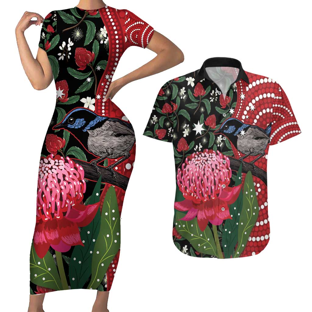 Personalised Australia Waratah And Superb Fairywren Couples Matching Short Sleeve Bodycon Dress and Hawaiian Shirt Aboriginal Art
