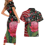 Personalised Australia Waratah And Superb Fairywren Couples Matching Short Sleeve Bodycon Dress and Hawaiian Shirt Aboriginal Art
