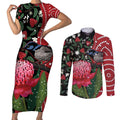 Personalised Australia Waratah And Superb Fairywren Couples Matching Short Sleeve Bodycon Dress and Long Sleeve Button Shirt Aboriginal Art