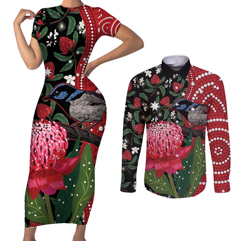 Personalised Australia Waratah And Superb Fairywren Couples Matching Short Sleeve Bodycon Dress and Long Sleeve Button Shirt Aboriginal Art