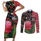 Personalised Australia Waratah And Superb Fairywren Couples Matching Short Sleeve Bodycon Dress and Long Sleeve Button Shirt Aboriginal Art