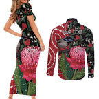 Personalised Australia Waratah And Superb Fairywren Couples Matching Short Sleeve Bodycon Dress and Long Sleeve Button Shirt Aboriginal Art