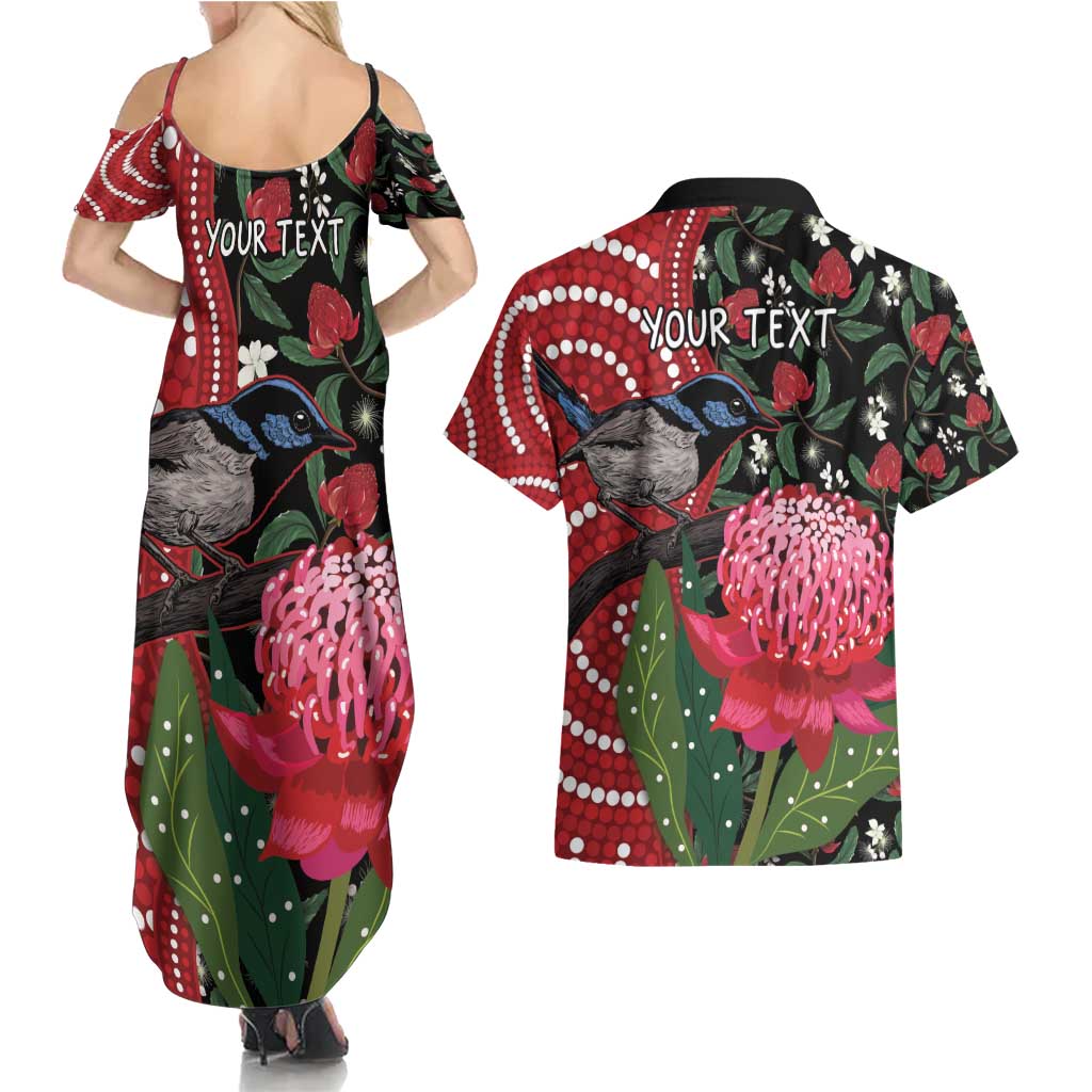 Personalised Australia Waratah And Superb Fairywren Couples Matching Summer Maxi Dress and Hawaiian Shirt Aboriginal Art